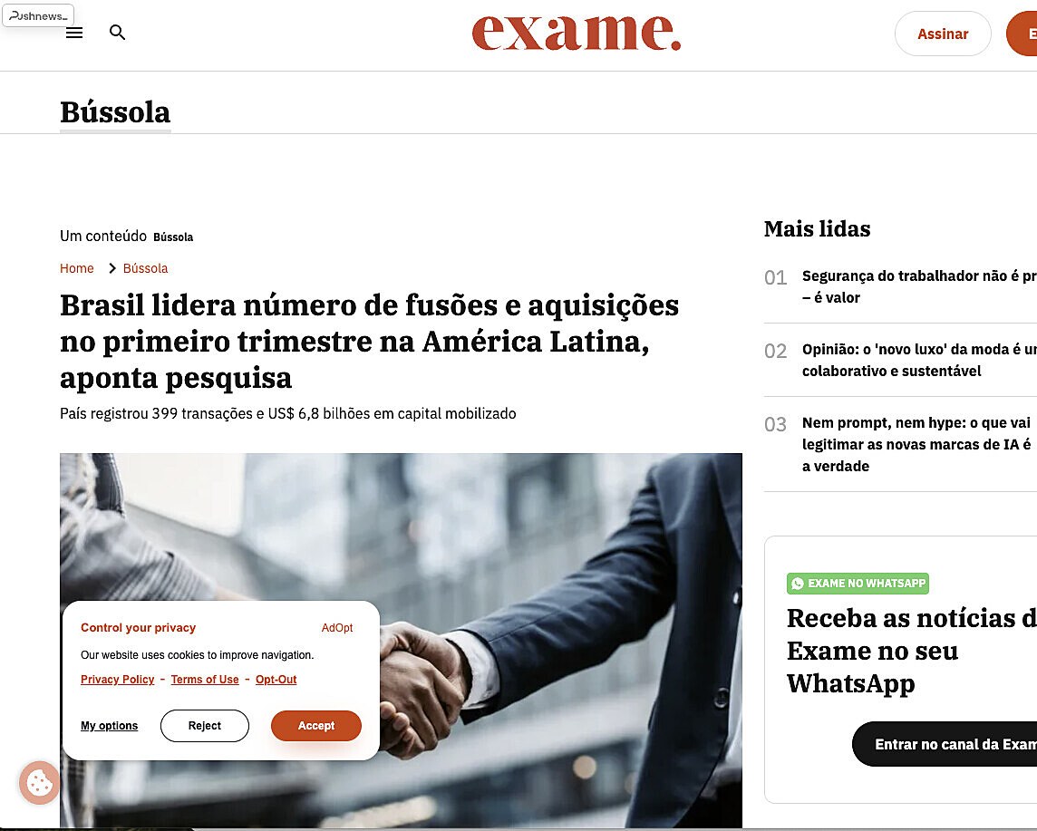 Brasil lidera n�mero de fus�es e aquisi��es no primeiro trimestre na Am�rica Latina, aponta pesquisa  Este � um trecho original publicado em Exame.com. Leia a mat�ria completa em https://exame.com/bussola/brasil-lidera-numero-de-fusoes-e-aquisicoes-no-pri